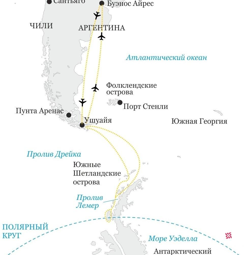 Карта маршрута круиза по Антарктиде